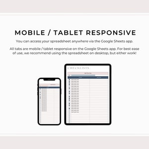 May include: A screenshot showing a mobile phone and a tablet displaying a spreadsheet with the text "CHECKLISTS" at the top. The spreadsheet is divided into columns labelled "Task", "Notes", and "Date".