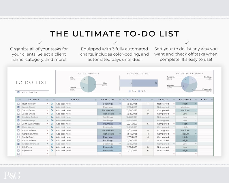 May include: A to-do list template with a blue, gray, and white color scheme. The template includes sections for client name, task, category, due date, status, priority, and link. The template also includes three charts: a pie chart showing the priority of tasks, a bar chart showing the number of tasks completed versus tasks to do, and a pie chart showing the number of tasks by category.