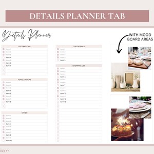 May include: A printable planner page with a checklist for decorations, food and snacks, goodie bags, and a shopping list. The page also includes a section for mood board areas with images of a table setting, a cake with sparklers, and a plate with a napkin.