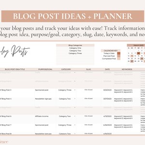May include: A printable planner for bloggers to track blog post ideas, purpose, category, slug, date, keywords, and notes. The planner includes a calendar for March 2023.
