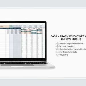 K&ouml;nnte beinhalten: Ein Laptop mit einer Tabelle zur Verfolgung von Transaktionen und Schulden. Der Text "EASILY TRACK WHO OWES WHO (& HOW MUCH!)" ist zu sehen, zusammen mit Aufz&auml;hlungszeichen, die die Funktionen beschreiben.