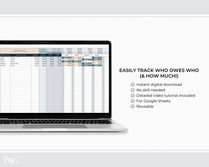 K&ouml;nnte beinhalten: Ein Laptop mit einer Tabelle zur Verfolgung von Transaktionen und Schulden. Der Text "EASILY TRACK WHO OWES WHO (& HOW MUCH!)" ist zu sehen, zusammen mit Aufz&auml;hlungszeichen, die die Funktionen beschreiben.