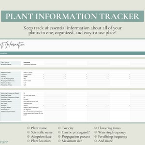 Op de afbeelding: Een printbare planten-informatie tracker met een lichtgroene achtergrond en een lichtgrijs raster. De tracker bevat secties voor plantennaam, wetenschappelijke naam, adoptiedatum, locatie, toxiciteit, vermeerbaarheid, vermeerderingsproces, maximale grootte, bewateringsfrequentie, bemestingsfrequentie, zonlicht, temperatuur en aanvullende verzorgingsnotities. De tekst "Plant Information Tracker" staat bovenaan de pagina. De tekst "Keep track of essential information about all of your plants in one, organised, and easy-to-use place!" staat onder de titel. De tekst "Plant Information" staat in handschrift bovenaan de tabel. De tekst "Palm & Grace" staat onderaan de pagina.