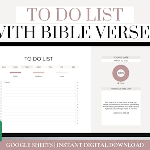 May include: A digital printable to-do list template with a pink and white color scheme. The template includes a section for daily tasks, a progress bar, and a verse of the day. The text on the template reads "To Do List with Bible Verses".