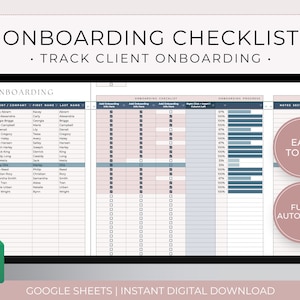 May include: A Google Sheets spreadsheet template for onboarding clients. The template includes columns for client name, company, first name, last name, add onboarding info here, right click + insert column left, and onboarding progress. The spreadsheet is labeled "Onboarding Checklist: Track Client Onboarding".