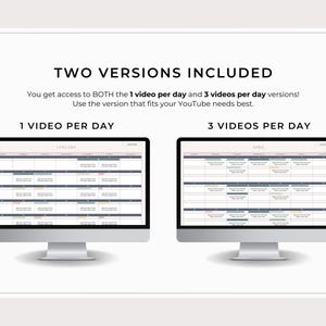 May include: Two computer monitors displaying a calendar layout. The text above reads "TWO VERSIONS INCLUDED" and "1 VIDEO PER DAY" and "3 VIDEOS PER DAY". The calendar displays a monthly schedule with rows and columns, and the text "JANUARY" and "APRIL" are visible.