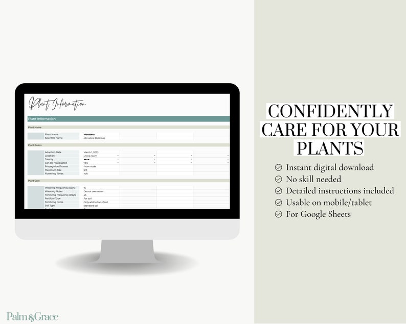 Op de afbeelding: Een computerscherm waarop een spreadsheet met planteninformatie wordt weergegeven met kolommen voor plantennaam, wetenschappelijke naam, locatie en meer. De tekst "CONFIDENTLY CARE FOR YOUR PLANTS" wordt aan de rechterkant van de afbeelding weergegeven met een lijst met functies: Direct digitaal downloaden, Geen vaardigheden nodig, Gedetailleerde instructies inbegrepen, Gebruiksvriendelijk op mobiel/tablet, Voor Google Sheets.