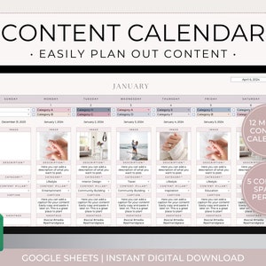 May include: A pink and white content calendar template for Google Sheets. The calendar is for January 2024 and includes 12 months of content. The template has space for 5 content ideas per day. The template includes categories, content pillars, captions, and hashtags.