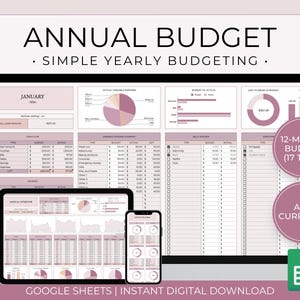 May include: A digital annual budget template displayed on a computer monitor, tablet, and smartphone. The template features charts, graphs, and tables with financial data. The text includes "ANNUAL BUDGET" and "SIMPLE YEARLY BUDGETING." Additional text includes "12-MONTH BUDGET (17 TABS)" and "ANY CURRENCY."