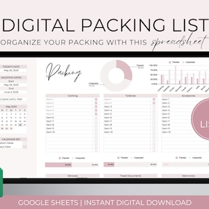 Packing List Spreadsheet Template, Editable Packing Checklist, Vacation Digital Packing List Google Sheets, Travel Packing List Spreadsheet