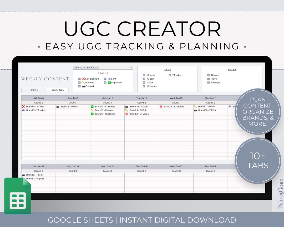 UGC Planner Google Sheets, UGC Creator Organizer, Brand Outreach ...