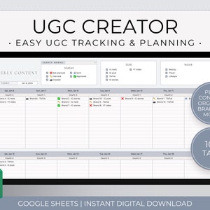 UGC Planner Google Sheets, UGC Creator Organizer, Brand Outreach Spreadsheet, Brand Partnership Tracker, UGC Content Planner