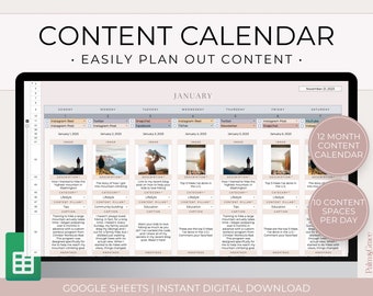 Google Sheets Content Calendar Spreadsheet, Social Media Content Planner Google Sheets, Content Calendar Template, Social Media Marketing