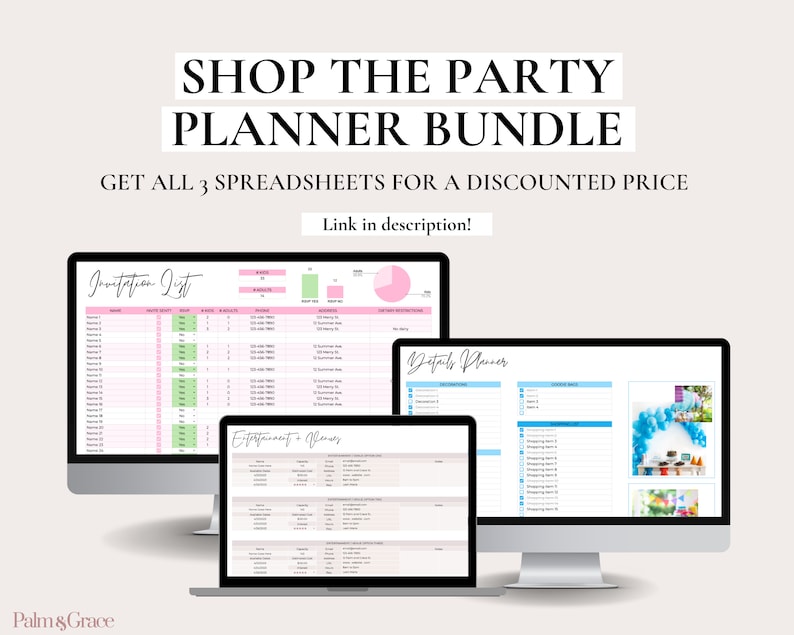 May include: A computer screen displaying a party planner bundle with three spreadsheets: Invitation List, Entertainment & Plans, and Details Planner. The spreadsheets are in a pink and green color scheme. The text "SHOP THE PARTY PLANNER BUNDLE" is displayed at the top of the image. The text "GET ALL 3 SPREADSHEETS FOR A DISCOUNTED PRICE" is displayed below the title. The text "Link in description!" is displayed below the text about the spreadsheets.
