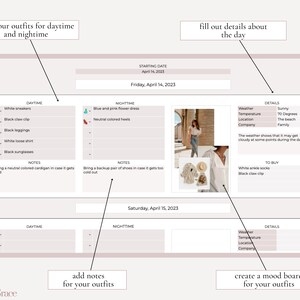 Pu&ograve; includere: Un modello di planner stampabile per pianificare gli outfit per un viaggio di fine settimana. Il planner include sezioni per outfit diurni e notturni, note e dettagli sul giorno, come il tempo, la temperatura, la posizione e la compagnia. Il planner include anche una sezione moodboard per creare una rappresentazione visiva degli outfit.