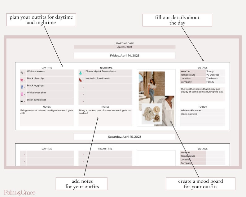 Pu&ograve; includere: Un modello di planner stampabile per pianificare gli outfit per un viaggio di fine settimana. Il planner include sezioni per outfit diurni e notturni, note e dettagli sul giorno, come il tempo, la temperatura, la posizione e la compagnia. Il planner include anche una sezione moodboard per creare una rappresentazione visiva degli outfit.