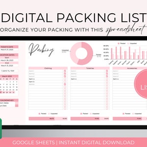 Packing List Spreadsheet Template, Editable Packing Checklist, Vacation Digital Packing List Google Sheets, Travel Packing List Spreadsheet