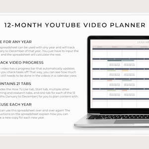 May include: A laptop displaying a 12-Month YouTube Video Planner spreadsheet. The screen shows a calendar layout for January, with sections for video planning. Text on the screen includes instructions for use, progress tracking, and tab details.