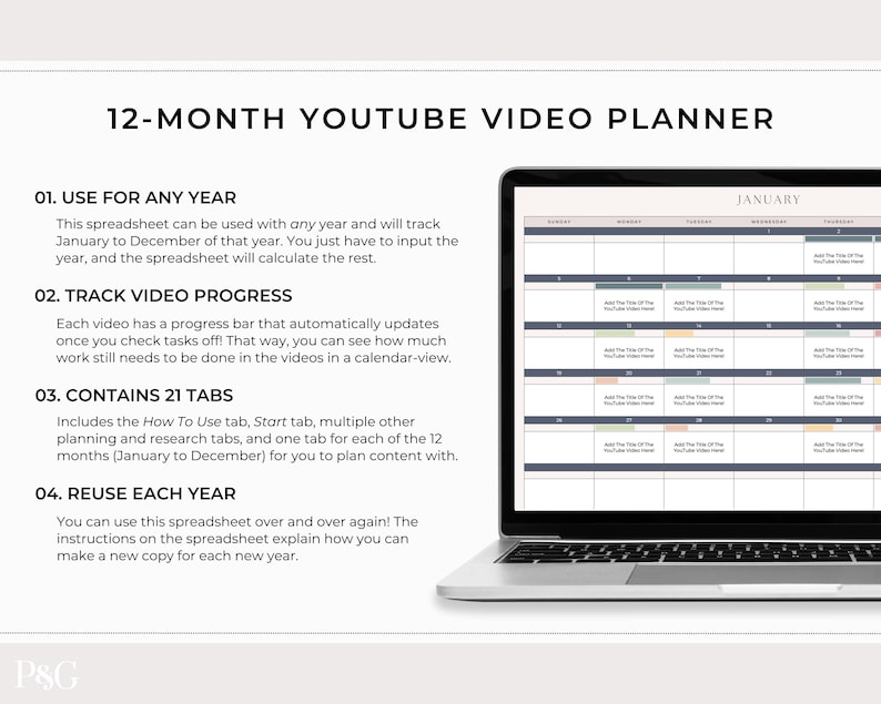 May include: A laptop displaying a 12-Month YouTube Video Planner spreadsheet. The screen shows a calendar layout for January, with sections for video planning. Text on the screen includes instructions for use, progress tracking, and tab details.