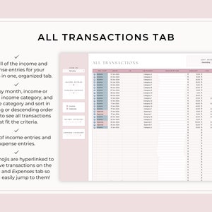 May include: A spreadsheet with a pink and white color scheme. The spreadsheet is titled "All Transactions Tab" and has columns for date, category, description, amount, tax, and net. The spreadsheet is designed to track income and expenses.