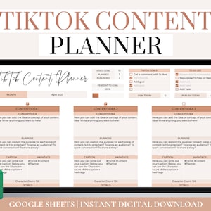 TikTok Content Planner Spreadsheet, Digital TikTok Planner, Google Sheets Social Media Content Calendar, Social Media Content Idea Organizer