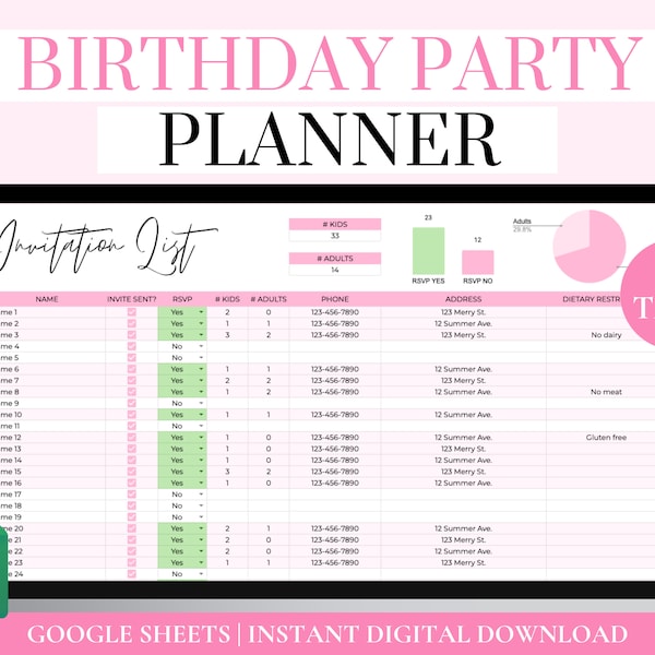 Birthday Party Planner Google Sheets, Digital Party Plan, Birthday Event Planner, Party Budget Planner, Party Organizer, Party To Do List