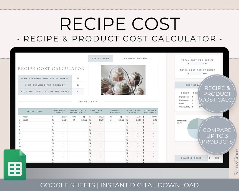 Recipe cost calculator Google Sheets