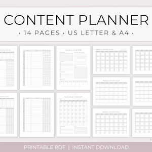 May include: A content planner with 14 pages, US Letter and A4 sizes. The pages include weekly and monthly overviews, and weekly content plans. The design is minimalist with a white background and black text. The words "CONTENT PLANNER" are at the top.