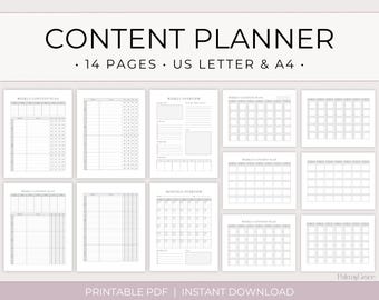 May include: A content planner with 14 pages, US Letter and A4 sizes. The pages include weekly and monthly overviews, and weekly content plans. The design is minimalist with a white background and black text. The words "CONTENT PLANNER" are at the top.