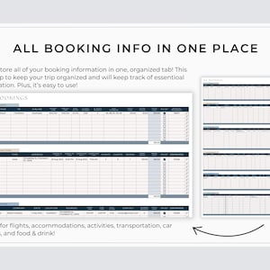 May include: A digital planner page with the text "ALL BOOKING INFO IN ONE PLACE." The page is designed to organize travel information, including flights, accommodations, and activities. The page has a white background with blue and gray accents.