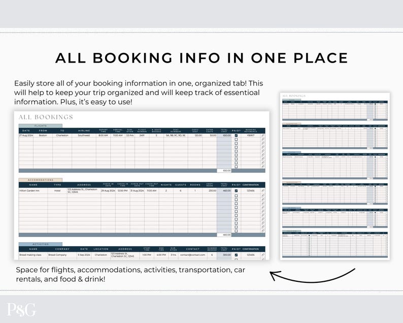 May include: A digital planner page with the text "ALL BOOKING INFO IN ONE PLACE." The page is designed to organize travel information, including flights, accommodations, and activities. The page has a white background with blue and gray accents.