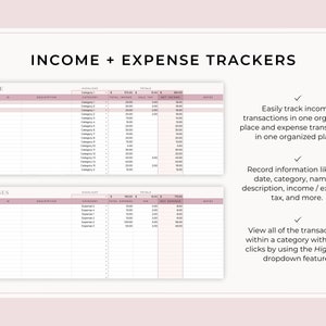 May include: A pink and white printable income and expense tracker with a grid layout. The tracker includes columns for date, description, category, total income/expense, sales tax, net income/expense, and notes. The text "INCOME + EXPENSE TRACKERS" is at the top of the page.