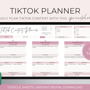 TikTok Content Planner Template, Google Sheets Social Media Content Planner, TikTok Planner Spreadsheet, Video Content Creator Planner