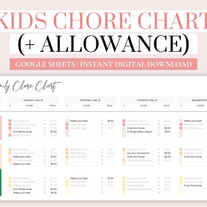 Puede incluir: Un cuadro de tareas imprimibles para niños con un sistema de asignación. El cuadro está diseñado para una semana, con cada día teniendo una lista de tareas y los precios correspondientes. El cuadro se titula "Family Chore Chart" y está disponible como una descarga digital instantánea en Google Sheets.