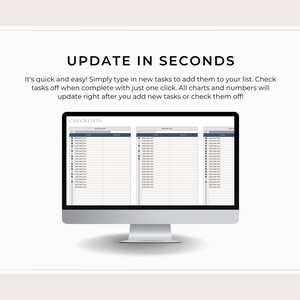 May include: A computer screen displaying a checklist template with the text "UPDATE IN SECONDS" and "CHECKLISTS". The template has columns for "Task", "Notes", and "Date".