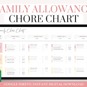 Digital Allowance Chart, Chore Chart For Kids, Family Allowance Tracker, Editable Chore Chart for Teens and Family, Chore Chart Template