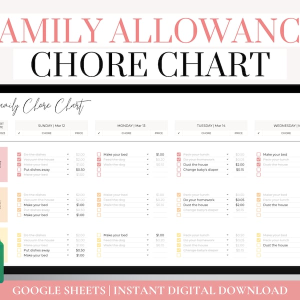 Digital Allowance Chart, Chore Chart For Kids, Family Allowance Tracker, Editable Chore Chart for Teens and Family, Chore Chart Template