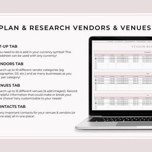 May include: A laptop screen showing a spreadsheet labelled "Vendor Research" with columns for contact details. Text on the left side reads "Plan & Research Vendors & Venues!" with sections for setup, vendors, venues, and contacts.