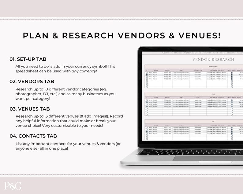 May include: A laptop screen showing a spreadsheet labelled "Vendor Research" with columns for contact details. Text on the left side reads "Plan & Research Vendors & Venues!" with sections for setup, vendors, venues, and contacts.