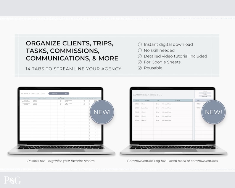 May include: A screenshot of a computer screen showing a Google Sheets spreadsheet with 14 tabs for organizing clients, trips, tasks, commissions, and communications. The spreadsheet is labeled "Resort Organizer" and "Communication Log". The text "NEW!" is displayed in a circle on each tab.