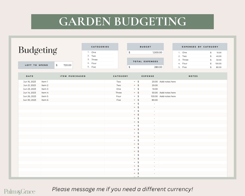 May include: A printable garden budgeting worksheet with categories for expenses, a budget section, and a table to track spending. The worksheet includes a section for item purchased, date, category, expense, and notes.