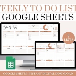 Pode incluir: Um download digital de sete modelos de listas de tarefas semanais no Google Sheets. A imagem mostra uma tela de computador exibindo um modelo de amostra com um gráfico de pizza e um gráfico de barras. O texto "Weekly Tasks" é visível no topo do modelo.