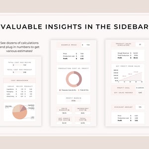 K&ouml;nnte beinhalten: Eine rosa und wei&szlig;e Infografik mit dem Titel "Valuable Insights in the Sidebar". Die Infografik zeigt eine Aufschl&uuml;sselung der Produktionskosten, der Gewinnmarge und des gesch&auml;tzten Gewinns aus dem Verkauf. Sie enth&auml;lt auch ein Kreisdiagramm, das die Kostenaufteilung eines Rezepts zeigt, und ein Liniendiagramm, das den gesch&auml;tzten Gewinn aus dem Verkauf zeigt.