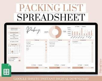 Plantilla de lista de empaque de Google Sheets, lista de empaque editable, lista de verificación de empaque de Google, plantilla de lista de empaque de viaje, lista de empaque digital