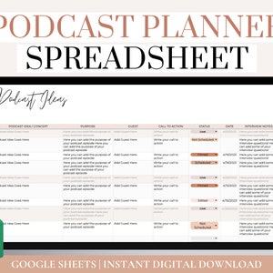 Podcast Planner Template Google Sheets, Digital Content Planner and Content Calendar, Podcast Checklist, Podcast Content Planner Spreadsheet