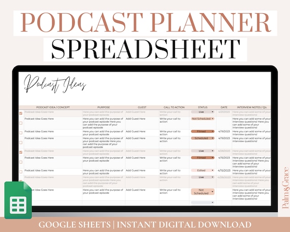 Podcast Planner Template Google Sheets, Digital Content Planner and Content Calendar, Podcast Checklist, Podcast Content Planner Spreadsheet
