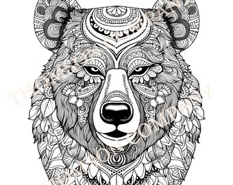 4 bear with a tribal designs  adult coloring pages printable PDF coloring book page (AI generated image)