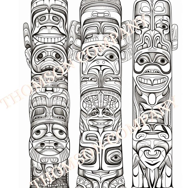10 Intricate Native American Totem Pole Coloring Pages to De-Stress and Unwind - printable PDF coloring book page (AI generated image)