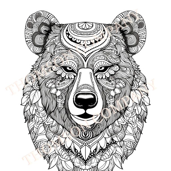 4 bear with a tribal designs  adult coloring pages printable PDF coloring book page (AI generated image)