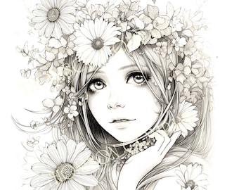 9 Portrait of a Lady with flowers & Butterflies Coloring Pages to De-Stress  Unwind  printable PDF coloring book page (AI generated image)